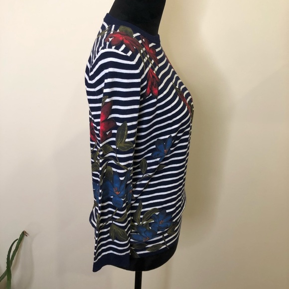 Lauren Ralph Lauren Stripe Floral Navy 3/4 Sleeve Sweater Small - Picture 3 of 6